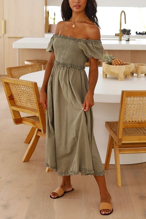 Off Shoulder Puff Sleeve Slit Midi Dress
