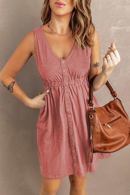V Neck Button Pockets Tank Dress