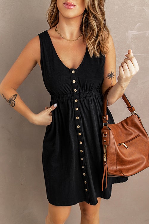 V Neck Button Pockets Tank Dress