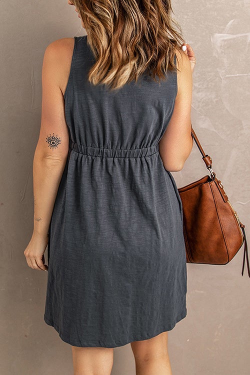 V Neck Button Pockets Tank Dress