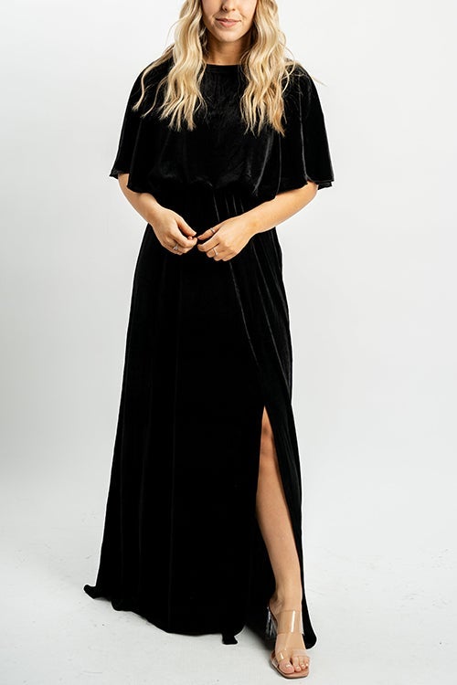 Velvet Wlastic Waist Slit Maxi Dress