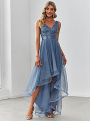 Fashion High-Low Deep V Neck Tulle Prom Dresses with Sequin Appliques