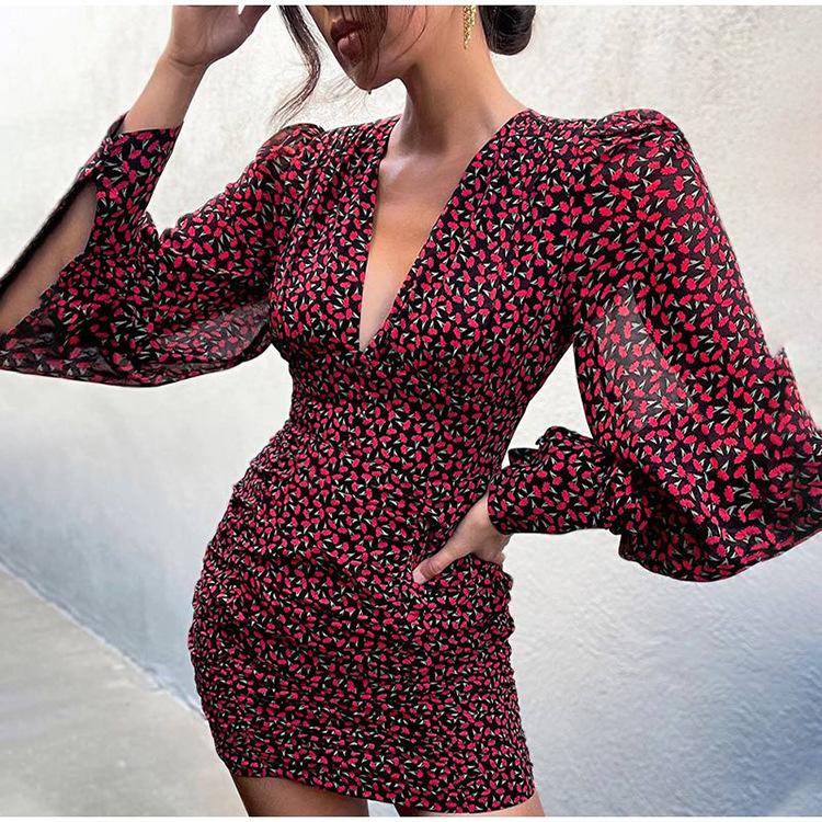 Deep V Neck Long Sleeve Floral Mini Dress