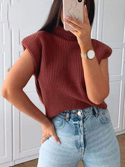 Women's Turtleneck Sleeveless Vest Sweater With Shoulder Pads