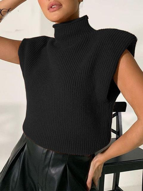 Women's Turtleneck Sleeveless Vest Sweater With Shoulder Pads