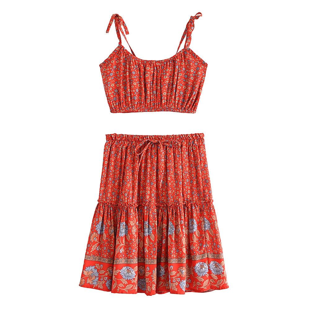 Boho Two Piece Set, Crop Top and Mini Skirt, Sierra Pansy in Red, Black and Green