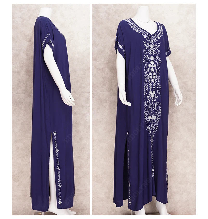 Boho Maxi Dress - Beach Dress, Kaftan Dress Vintage Embroidered in Myla Blue and Black