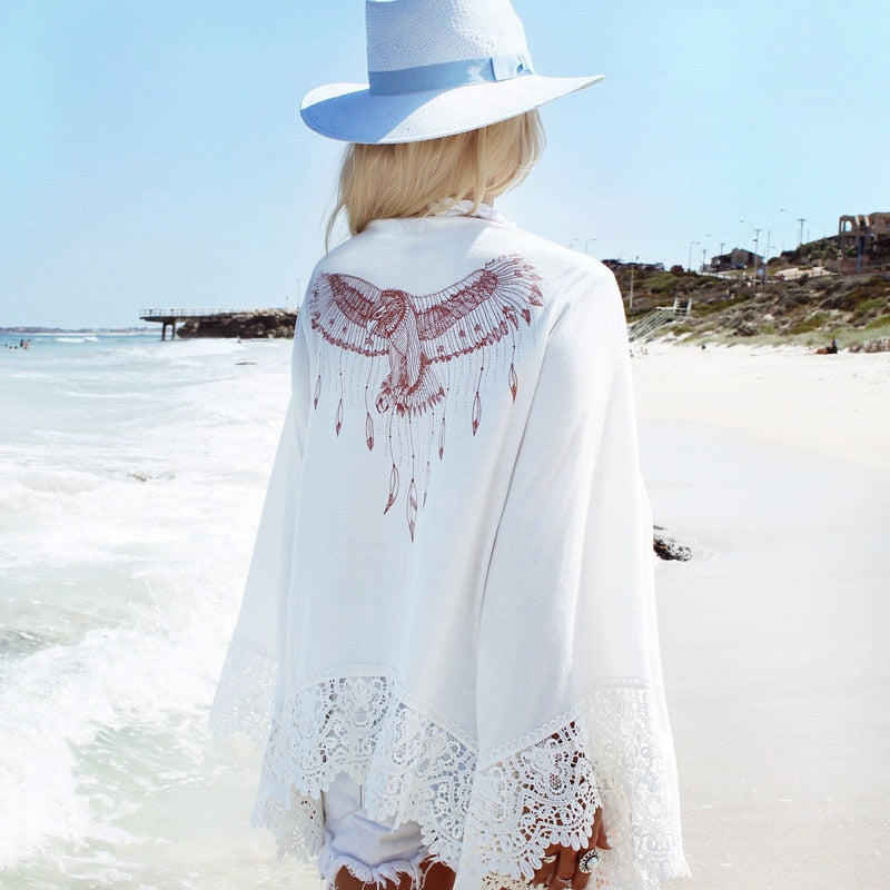 Boho Robe, Kimono Robe, Beach Cover up, Short Robe, White Eagle