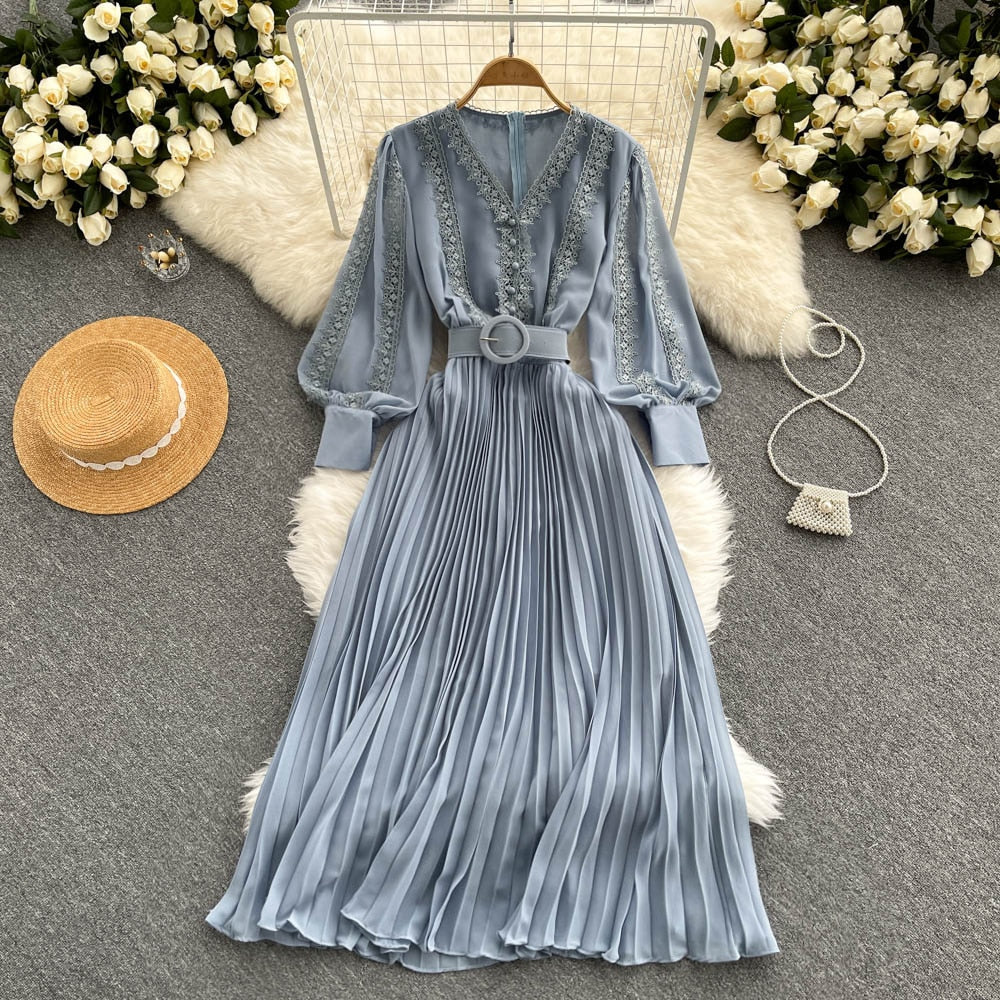 Maxi Dress, Boho Vintage Pleated Dress, Beau Gown in Blue, Yellow, Orange and Pink