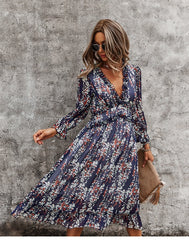 Boho Midi Dress, Ruffle Floral Lillian Navy