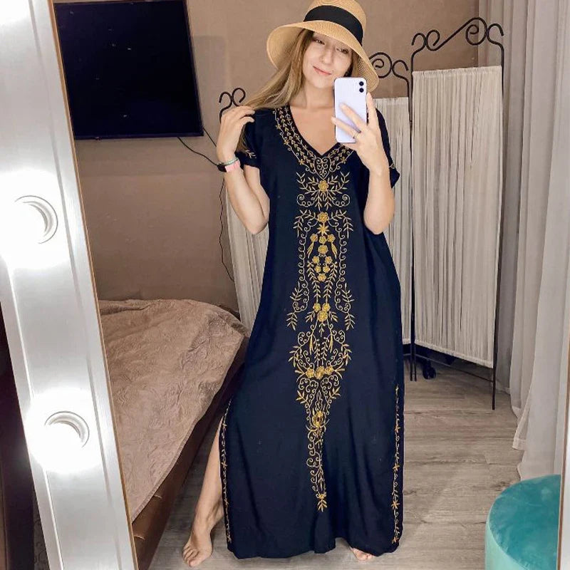 Boho Maxi Dress - Beach Dress, Kaftan Dress Vintage Embroidered in Myla Navy White and Black