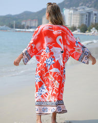 Boho Robe, Kimono Robe,  Beach Cover up,  Flamingo Flower in Red and Pink