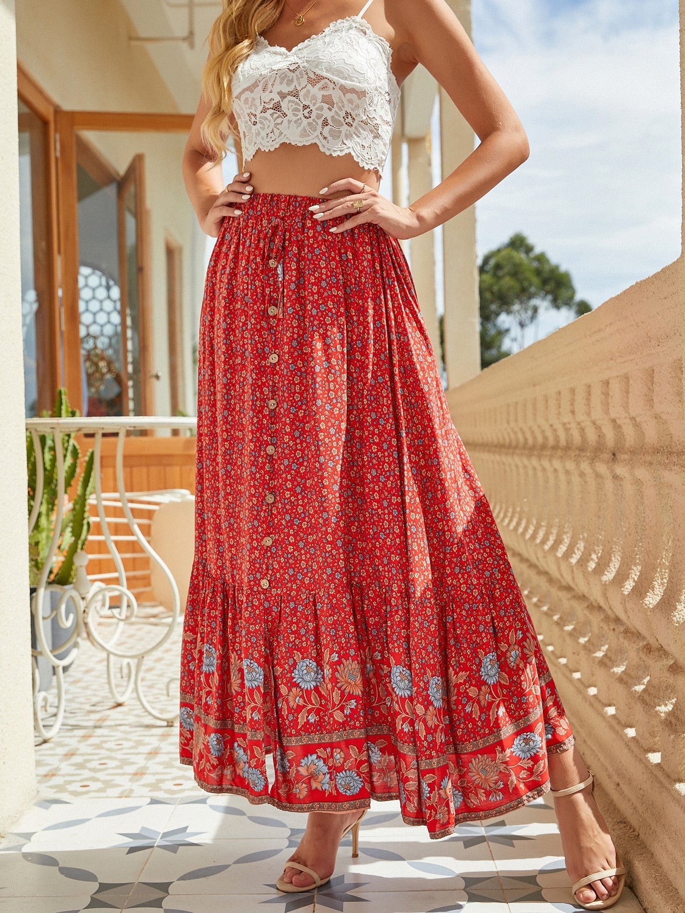 Boho Skirt, Hippie Skirts, Maxi Skirt,Lucille Dwarf in Green, Red and Orange