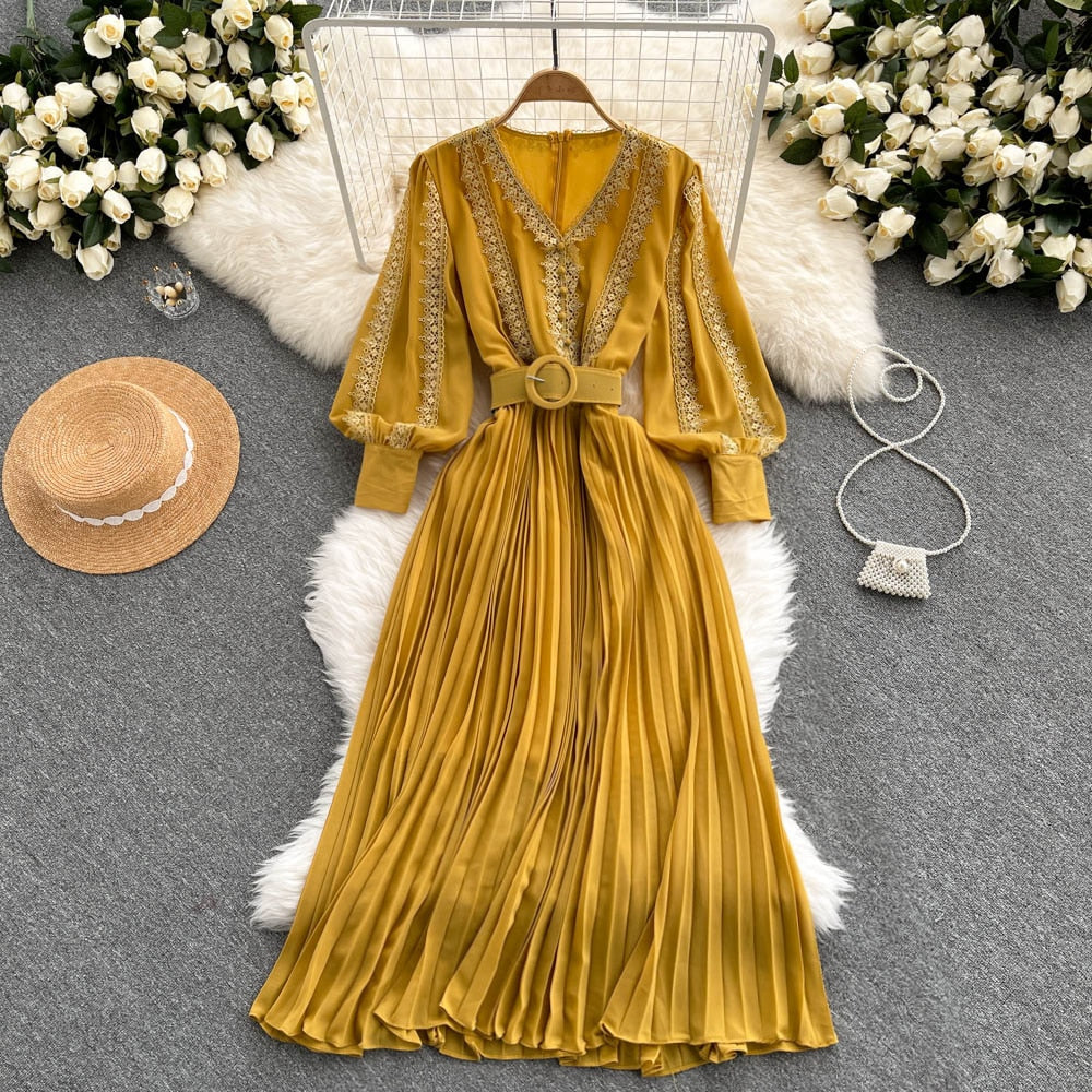 Maxi Dress, Boho Vintage Pleated Dress, Beau Gown in Blue, Yellow, Orange and Pink