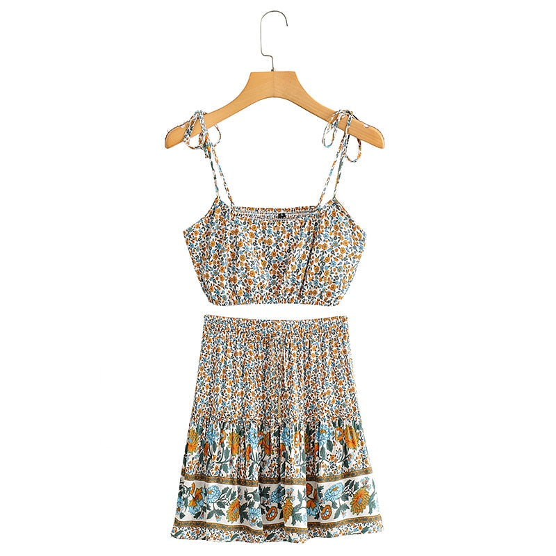 Boho Two Piece Set, Crop Top and Mini Skirt, Sierra Pansy in Red, Black and Green