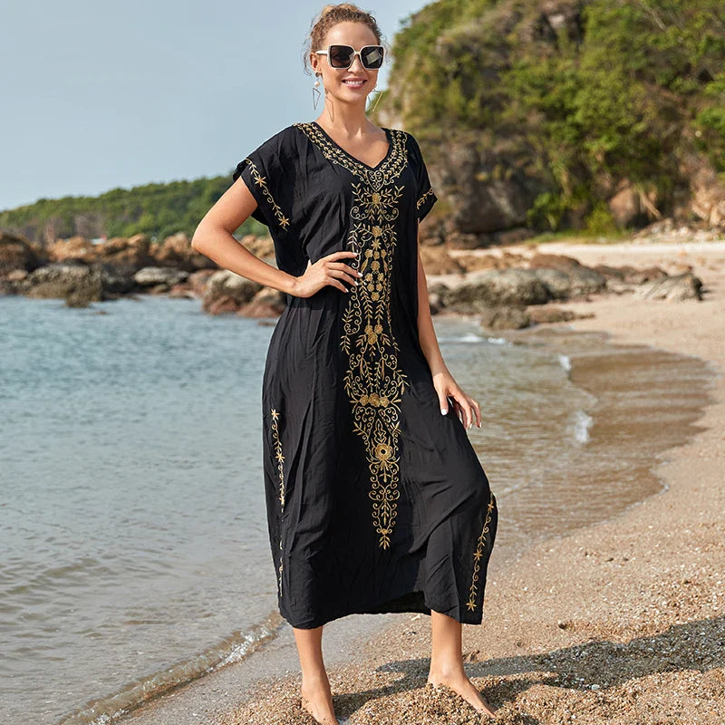 Boho Maxi Dress - Beach Dress, Kaftan Dress Vintage Embroidered in Myla Navy White and Black