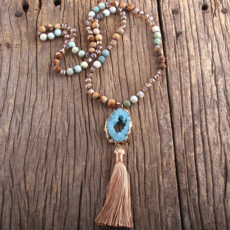 Boho Necklace - RH Precious Amazonite Lava Stones Gold Tassle