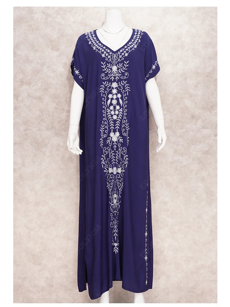 Boho Maxi Dress - Beach Dress, Kaftan Dress Vintage Embroidered in Myla Blue and Black