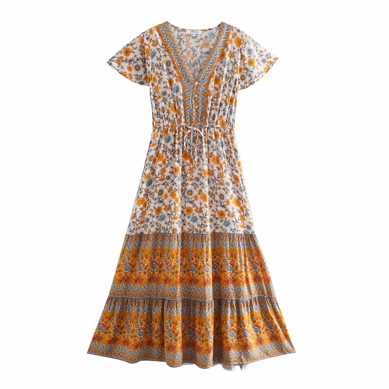 Midi Dress, Boho Dress, Sundress, Aubrey Zaynab in Yellow Pink and Green