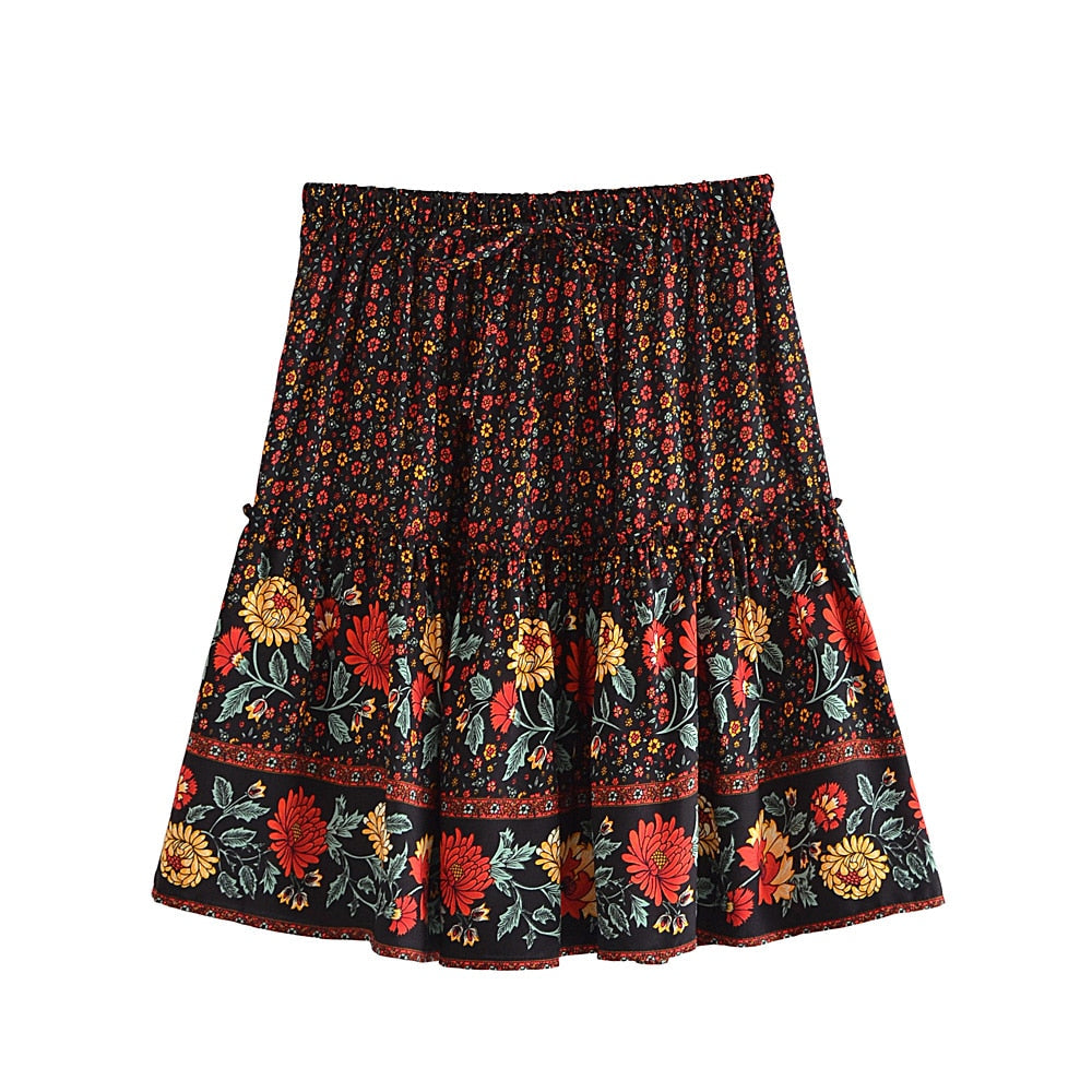 Boho Two Piece Set, Crop Top and Mini Skirt, Sierra Pansy in Red, Black and Green