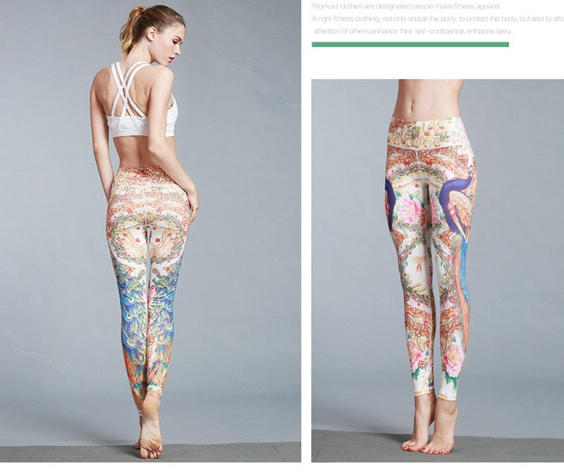 Yoga Legging, Yoga Pants, Boho Legging, Printed Tight, Orange Gold Peacock