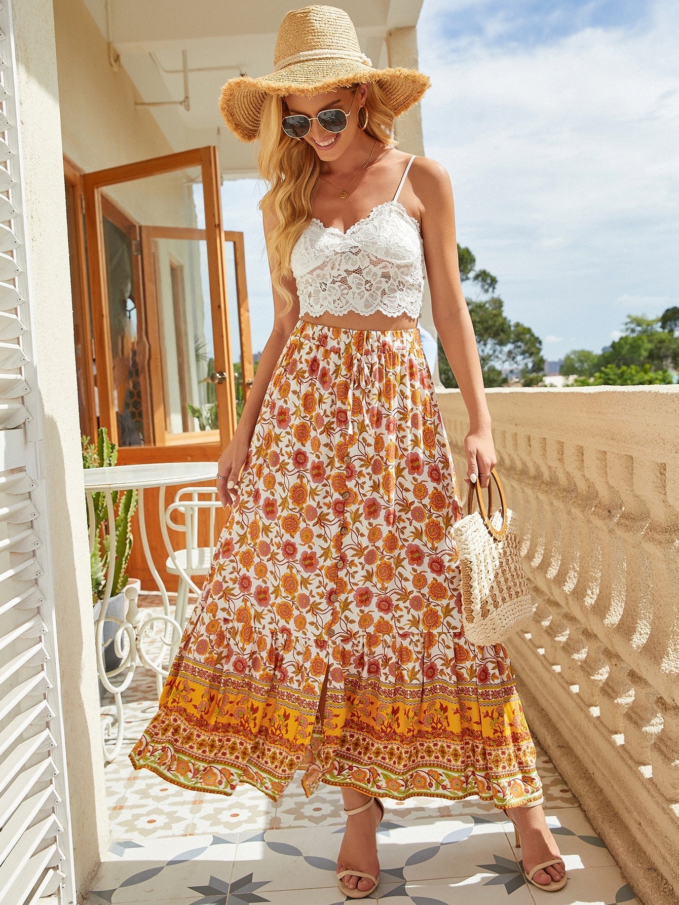Boho Skirt, Hippie Skirts, Maxi Skirt,Lucille Dwarf in Green, Red and Orange