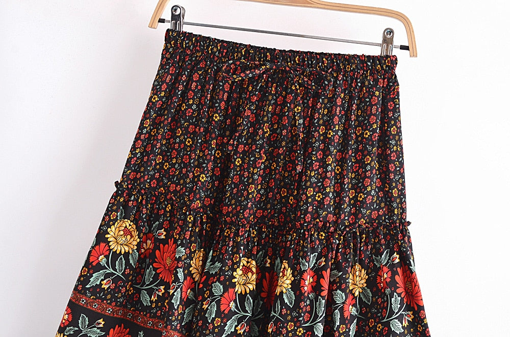 Boho Two Piece Set, Crop Top and Mini Skirt, Sierra Pansy in Red, Black and Green