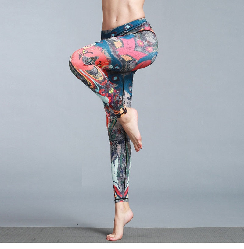 Yoga Legging, Yoga Pants, Boho Legging, Printed Tight, Orange Gold Peacock