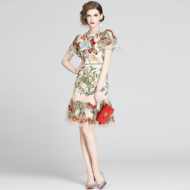 Boho Vintage Party Dress - Mini Dress Embroidered Arabella Rose in White Apricot