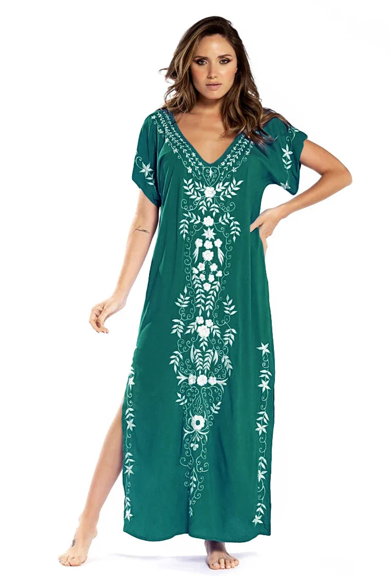 Boho Maxi Dress - Beach Dress, Kaftan Dress Vintage Embroidered in Myla Navy White and Black