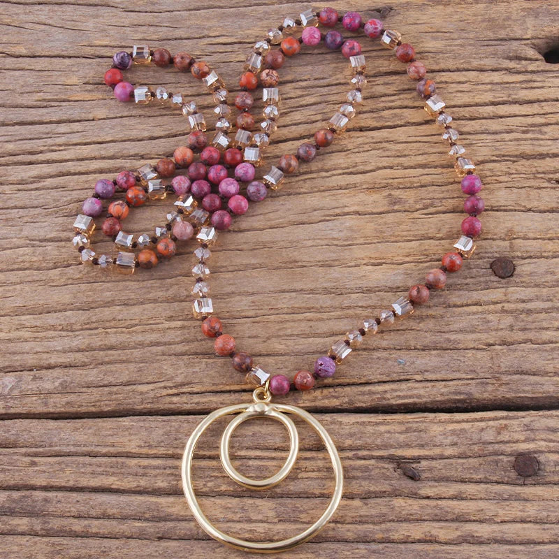 Boho Necklace - RH Precious Brown Lava Stones Gold Loop
