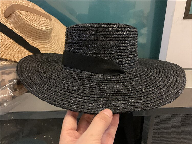 Boho Hat - Summer Sun, Beach, Wide Brim Straw Hat with Minnie Black Ribbon
