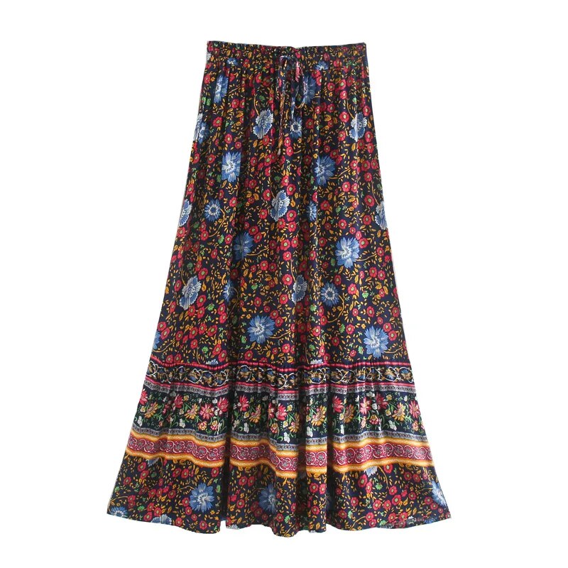 Boho Skirt, Hippie Skirts, Midi Skirt, Wild Flower in Red and Navy