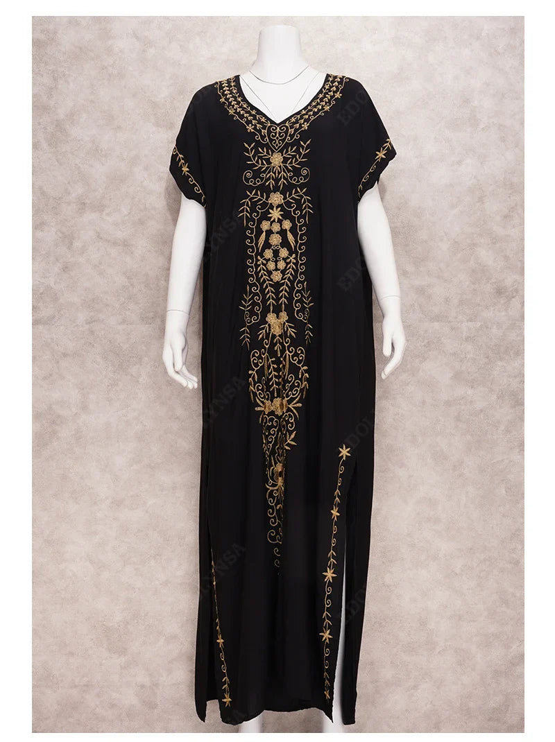 Boho Maxi Dress - Beach Dress, Kaftan Dress Vintage Embroidered in Myla Blue and Black