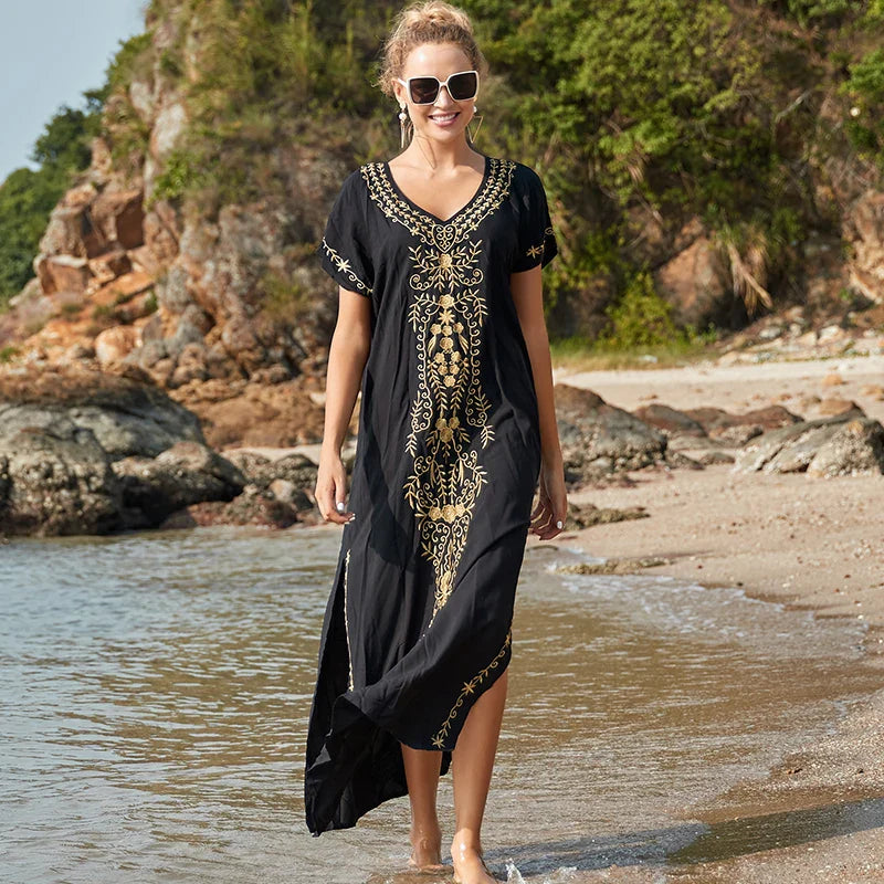 Boho Maxi Dress - Beach Dress, Kaftan Dress Vintage Embroidered in Myla Blue and Black