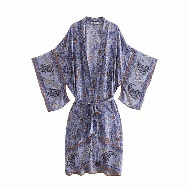 Boho Robe, Kimono Robe,  Beach Cover up, Feather Paisley in Purple