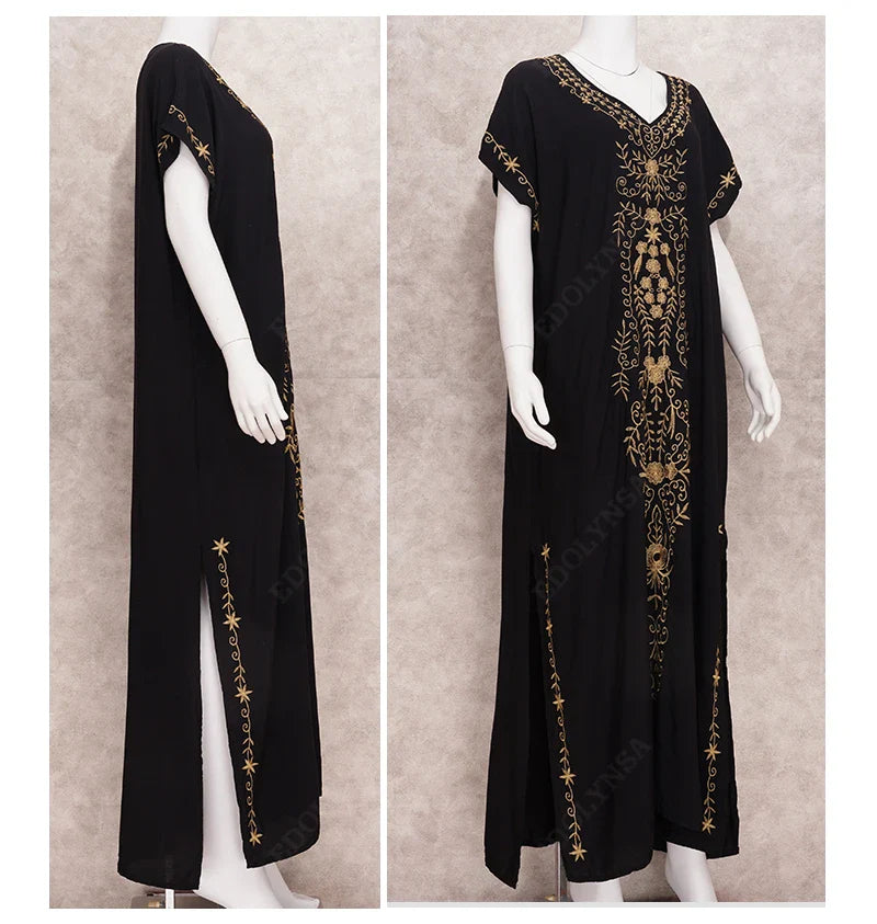 Boho Maxi Dress - Beach Dress, Kaftan Dress Vintage Embroidered in Myla Blue and Black