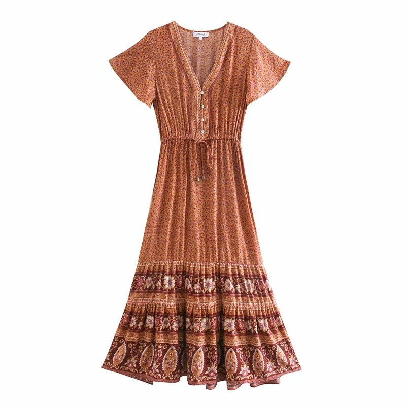 Midi Dress, Boho Dress, Sundress, Aubrey Eulalie in Yellow Pink and Green