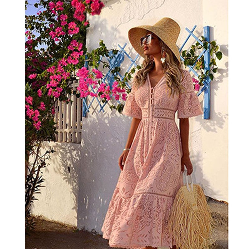 Boho Midi Dress, Sundress, Lace Charlotte  in White