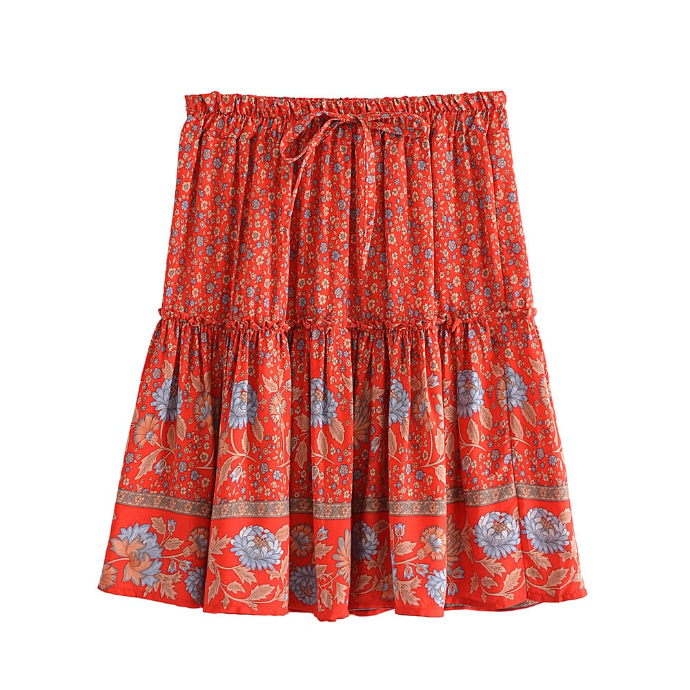 Boho Two Piece Set, Crop Top and Mini Skirt, Sierra Pansy in Red, Black and Green