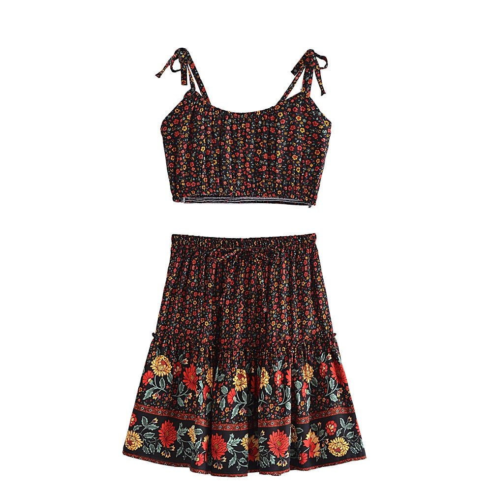 Boho Two Piece Set, Crop Top and Mini Skirt, Sierra Pansy in Red, Black and Green