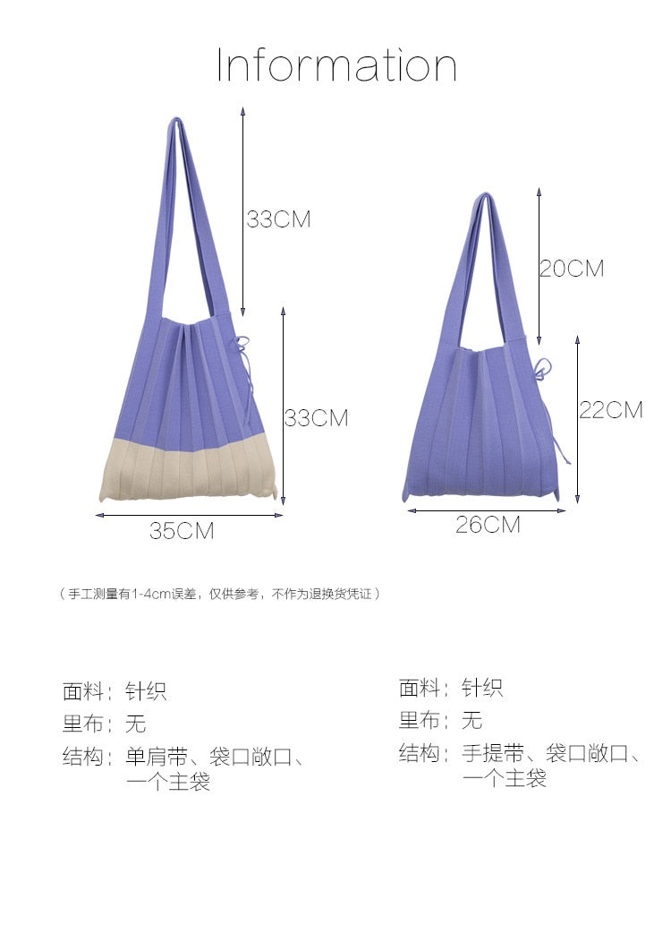 Boho Bag, Eco Tote Bags, Crochet Tote, Knitted Shopper Handbags, Pleated Bags in 6 colors