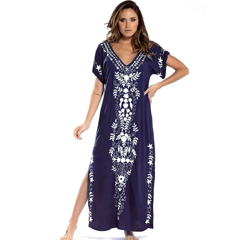 Boho Maxi Dress - Beach Dress, Kaftan Dress Vintage Embroidered in Myla Blue and Black
