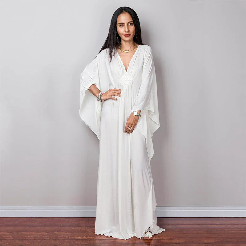 Boho Maxi Dress - Beach Dress, Kaftan Dress Tie White Harmony in 15 colors