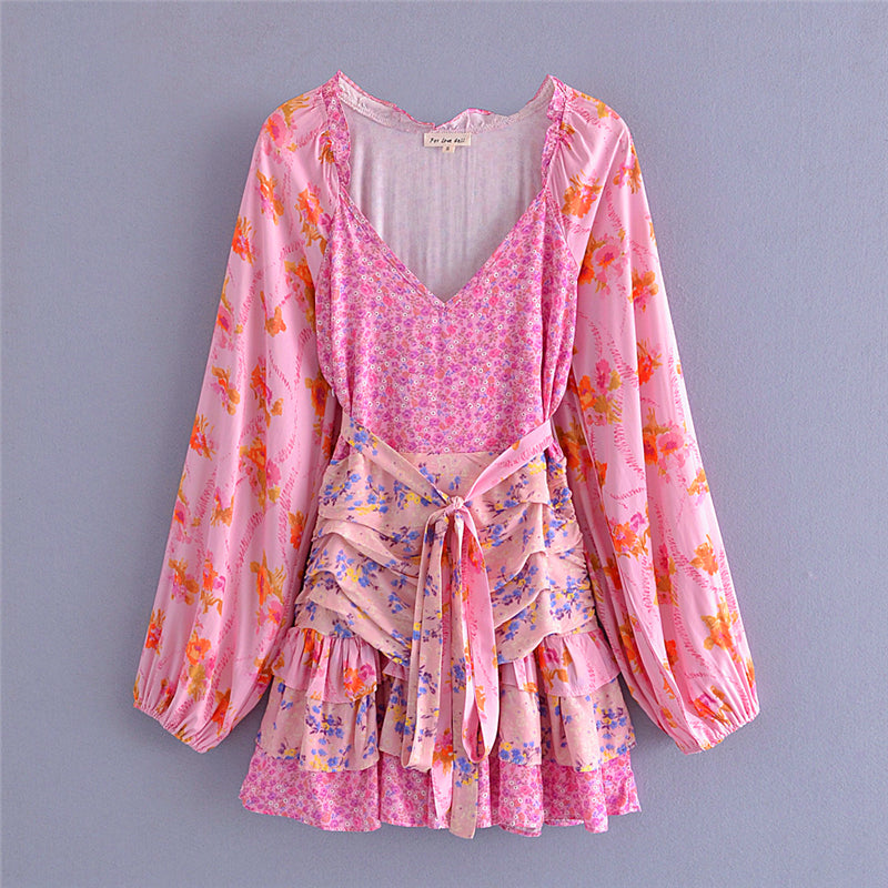 Boho Mini Dress Ruffle Dress, Fuchsia Alyssa