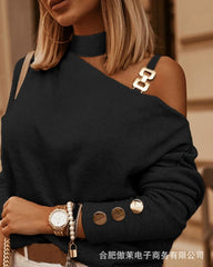 Fashion Long Sleeve Diagonal Shoulder Chain Decorative Top Blouse