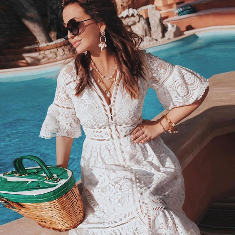 Boho Midi Dress, Sundress, Lace Charlotte  in Blue