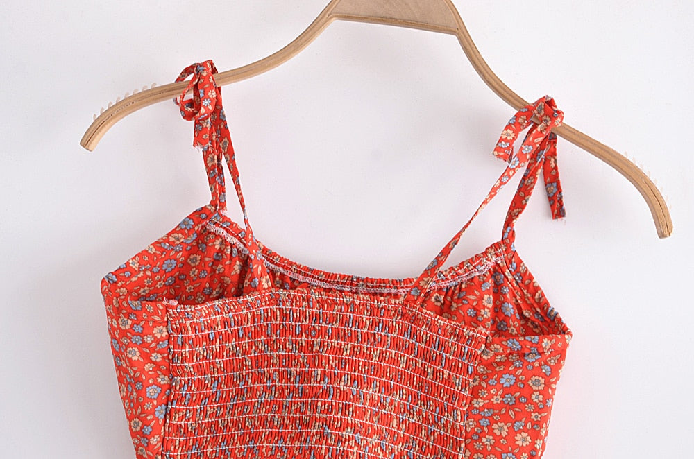 Boho Two Piece Set, Crop Top and Mini Skirt, Sierra Pansy in Red, Black and Green