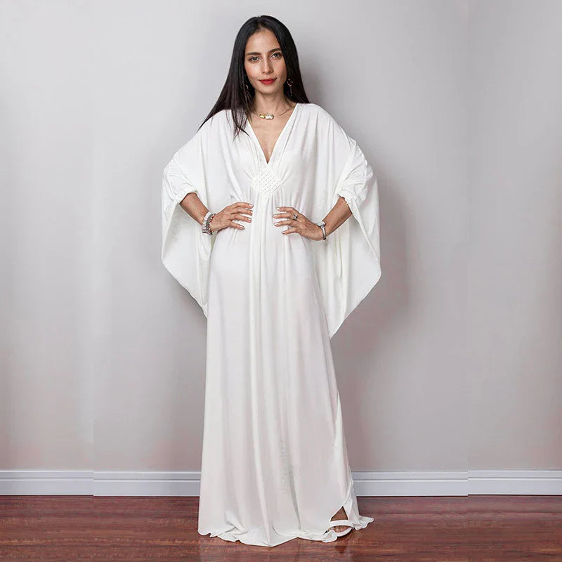 Boho Maxi Dress - Beach Dress, Kaftan Dress Tie White Harmony in 15 colors