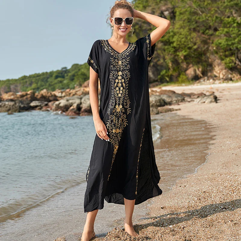 Boho Maxi Dress - Beach Dress, Kaftan Dress Vintage Embroidered in Myla Blue and Black